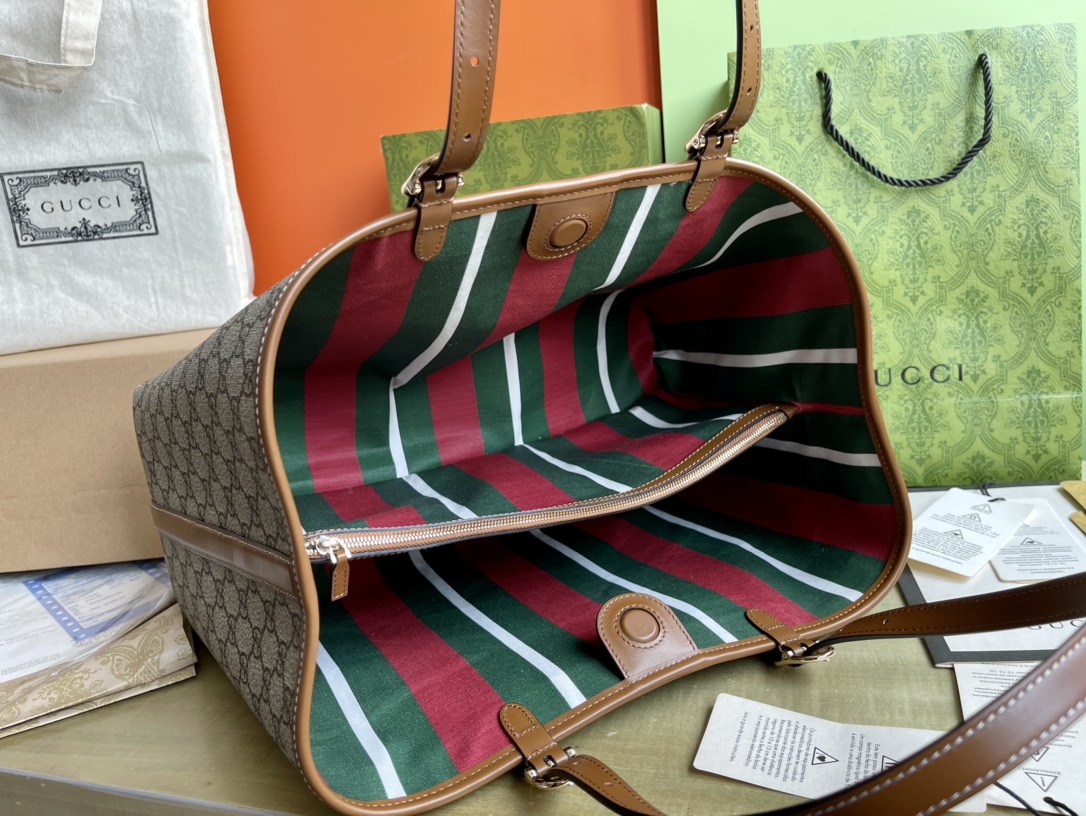 Image [6]-Modèle:815213 Taille:38/25.5/15 P1760G family emblem series new large shopping bag classic canvas logo material adjustable shoulder strap inner bottom zoning design internal pockets inner bottom red and green stripe design pure copper hardware with original details-High Faux Bags