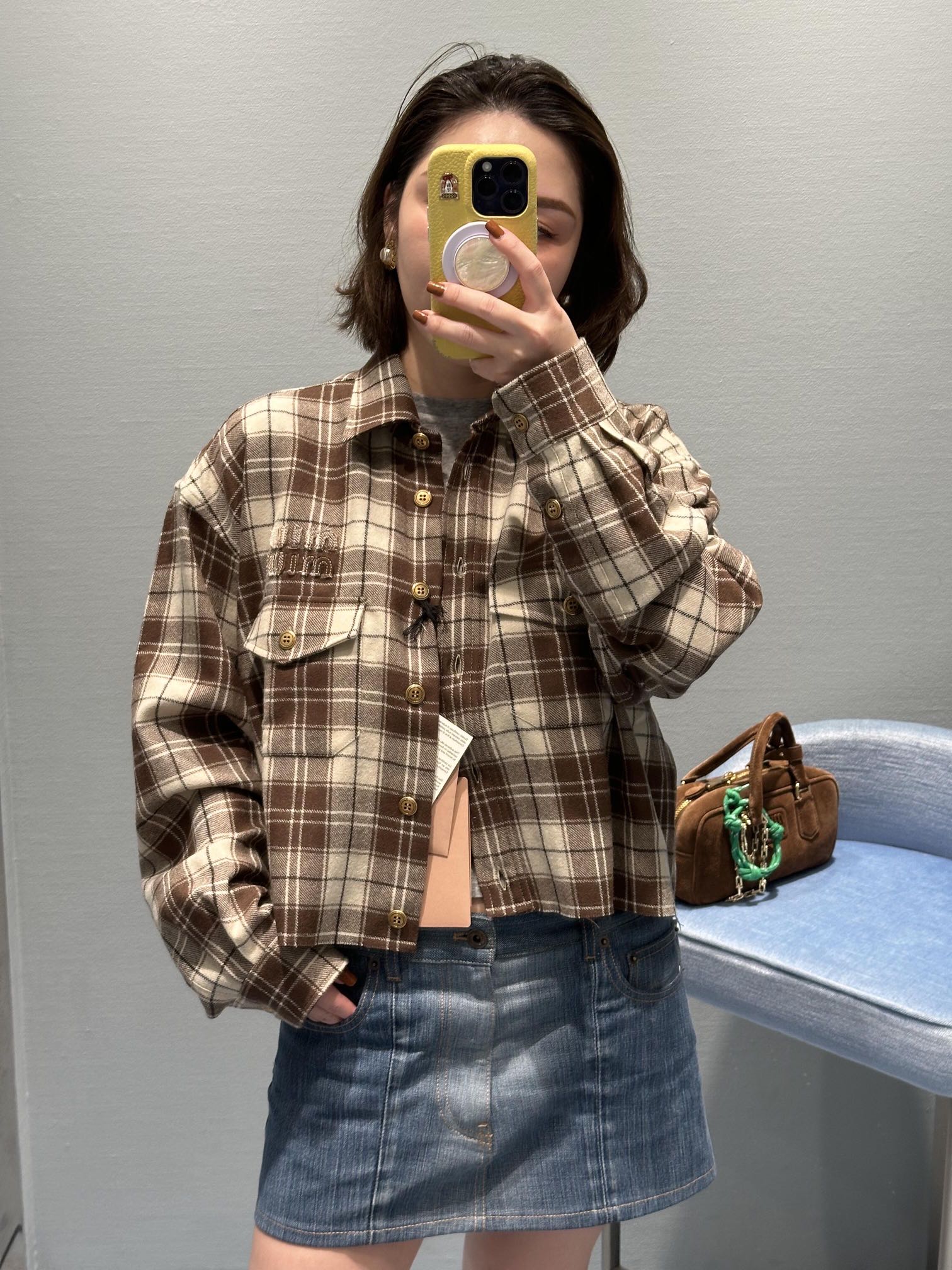 Picture [5]-💰P480 MiuMiu 24FW fall and winter new teenage style workwear pocket plaid shirt丨can be sweet or salt temperament age reduction single product!  Customized imported color woven wool plaid fabric! 360% pair of checkered tailoring process quality of workmanship to see the details of the spot on sale S/M/L-High-fashion bags!