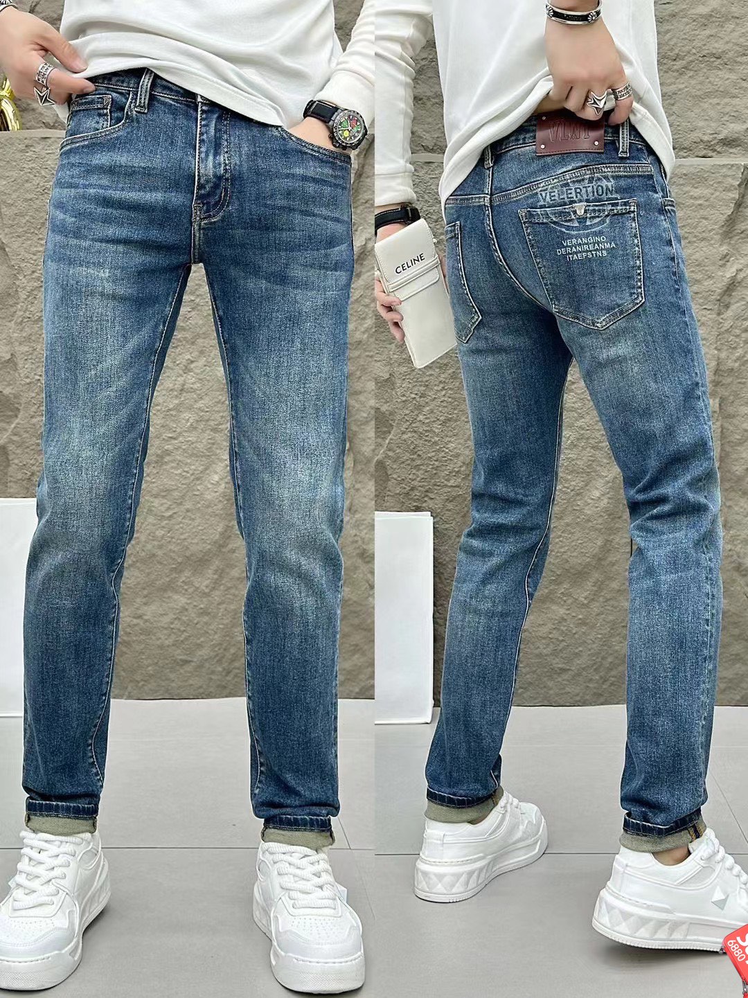 P500 Valentino Valentino 2024 automne et hiver dernières séries de comptoir Personnalisation haut de gamme Slim small leg jeans Derniers modèles de défilé de la semaine de la mode Décoration matérielle parfaite Conception artisanale super-lourde Incontournables de la mode Modèles simples et polyvalents Couture brodée purement à la main Couleur originale Processus de lavage à la levure Sélection de tissus denim épais (coton) Taille tridimensionnelle Détails parfaits Sommet de l'excellence ! (Légèrement élastiqué) Taille : 28-38- high quality replica bags