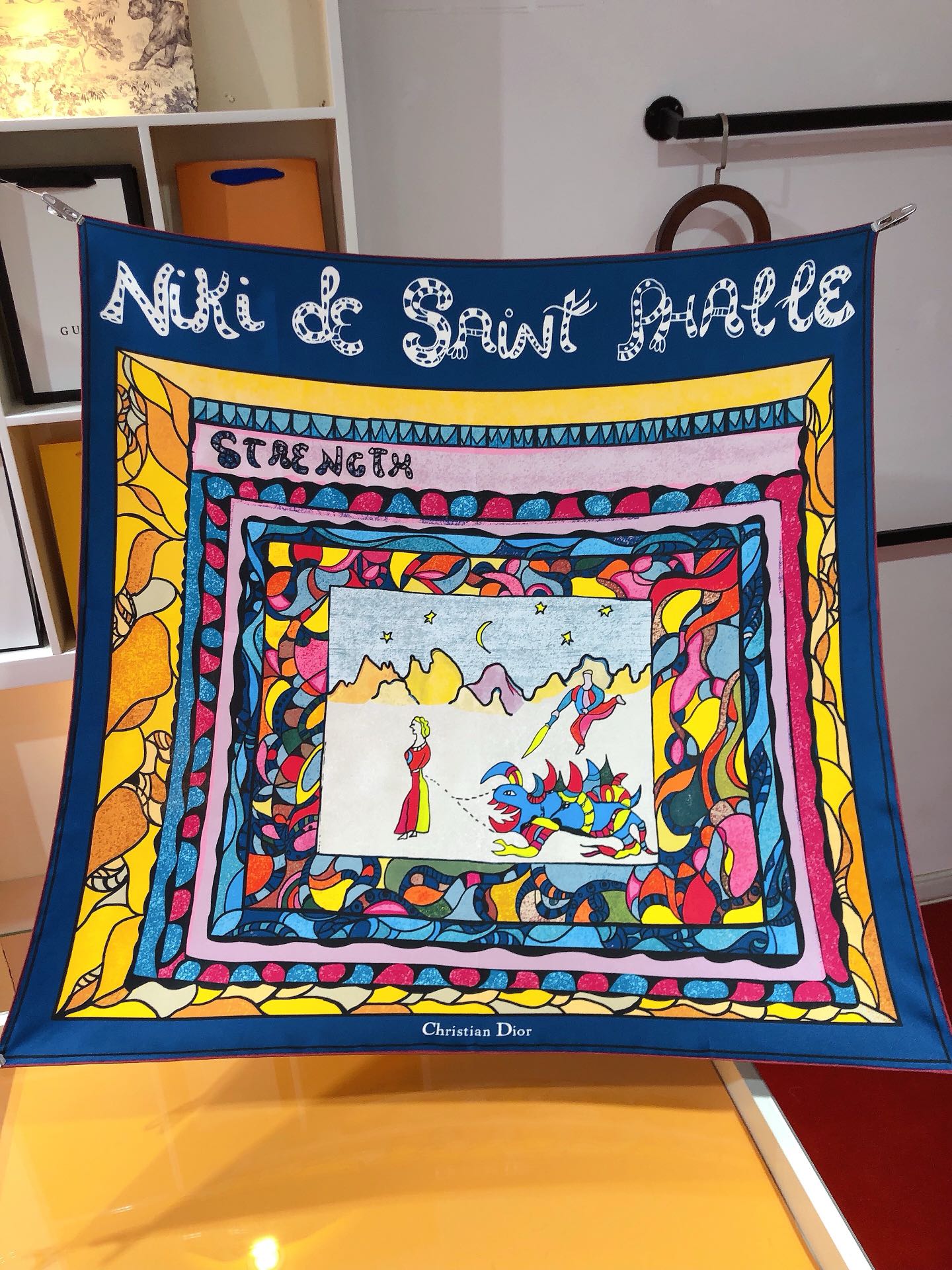 P230🌼SDO2410🌼Dior Princesses and Dragons Print 90cm Silk Square Scarf with Niki de Saint Phalle Limited Collection Colorful multicolorido Princesses and Dragons motif crafted in mulberry silk twill with hand rolled edges embellished with Christian Dior logo.