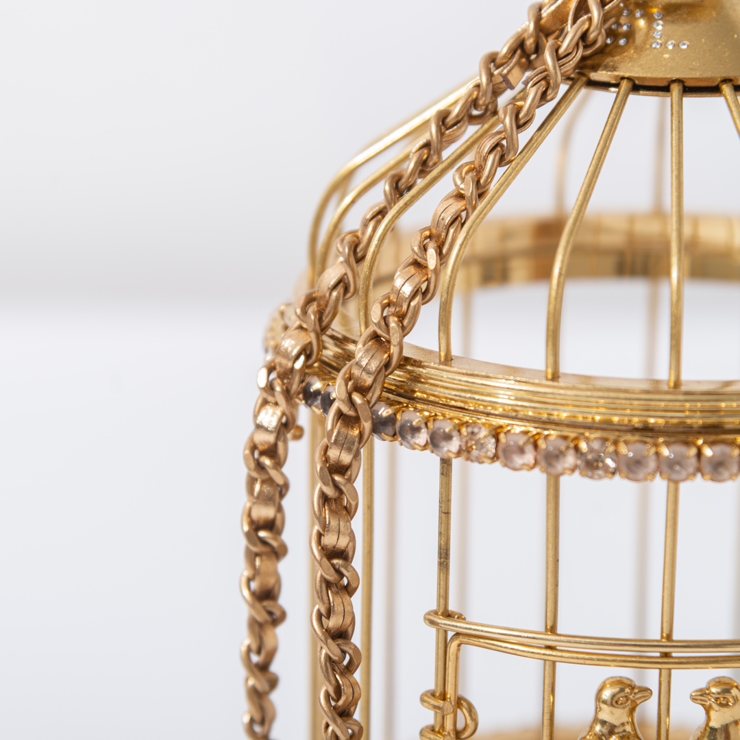 zp grade 👏🏻 apricot birdcageA birdcage from the 2020 Haute Couture collection is stunning in person. The artwork at ❕❕❕❕ is inspired by a vintage birdcage from Queen CoCo's apartment, and the golden metal is a perfect example of the style and craftsmanship. In the form of a birdcage, set with sparkling rhinestones and francs, a pair of canaries perch on the door frame, revealing the luxury and craftsmanship of the piece, making it a collector's item.