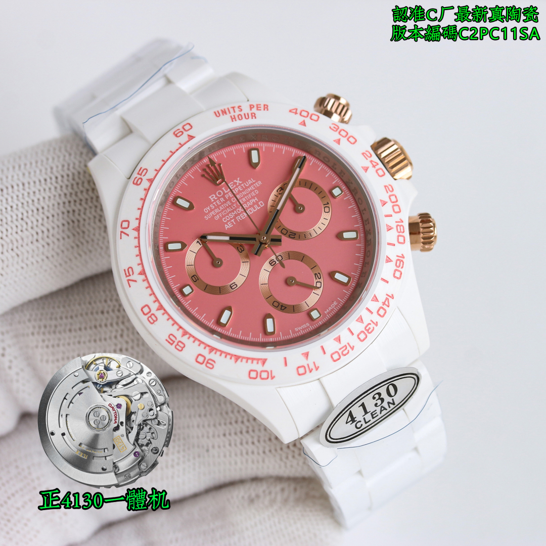 劳力士ROLEX 白色陶瓷壳迪通拿系列 🎮MK1 必属精品（更新定制超强陶瓷一体材质一体表壳一体表扣让腕表⌚️表更加轻易快捷佩戴感受舒服满满得👍）
ROLEX宇宙计时迪通拿系列之陶瓷一体表壳定制版腕表不仅佩戴轻便外表坚硬且每一只腕表都拥有独一无二的佩戴感受！ 
表壳腕表尺寸40X12.4吻合原装C厂工厂实力铸造陶瓷劳力士的独特风采市场独家做到整个壳套🎮 圈口包括底盖均采用高复合陶瓷和超强夜光粉所打造细节之处更是经过手工倒角抛光所制质感非凡
表带扣表带采用天然陶瓷所制透气舒适质地柔软
机芯采用正4130一体机机芯完美实现强大功能性价比之王！认准C厂品质腕表⌚️编码C2PC11SA最新后盖标签有图有真相品质保证最强版本 🎮S1精致推荐男士多功能机械腕表-高仿包包