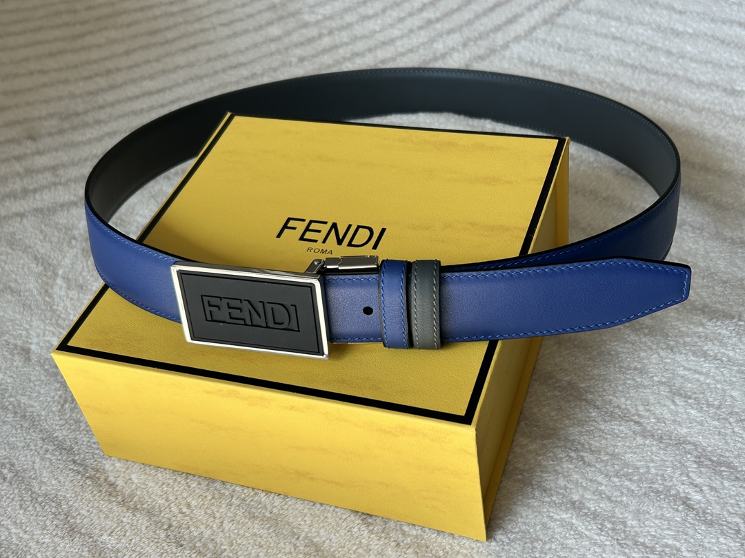 FENDI (Fendi) réplique avec la même ceinture réversible décontractée pour homme de 3,4 cm de largeur en cuir de veau bleu pleine fleur en cuir de vachette gris boucle pivotante à l'intérieur-High Faux Bags