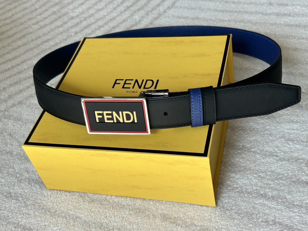 Foto [8]-FENDI (Fendi) contador con el mismo cinturón casual reversible de los hombres de ancho de 3,4 cm un lado de cuero de vaca azul de alta calidad de cuero de vaca negro liso hebilla giratoria de hardware-alta moda bolsos