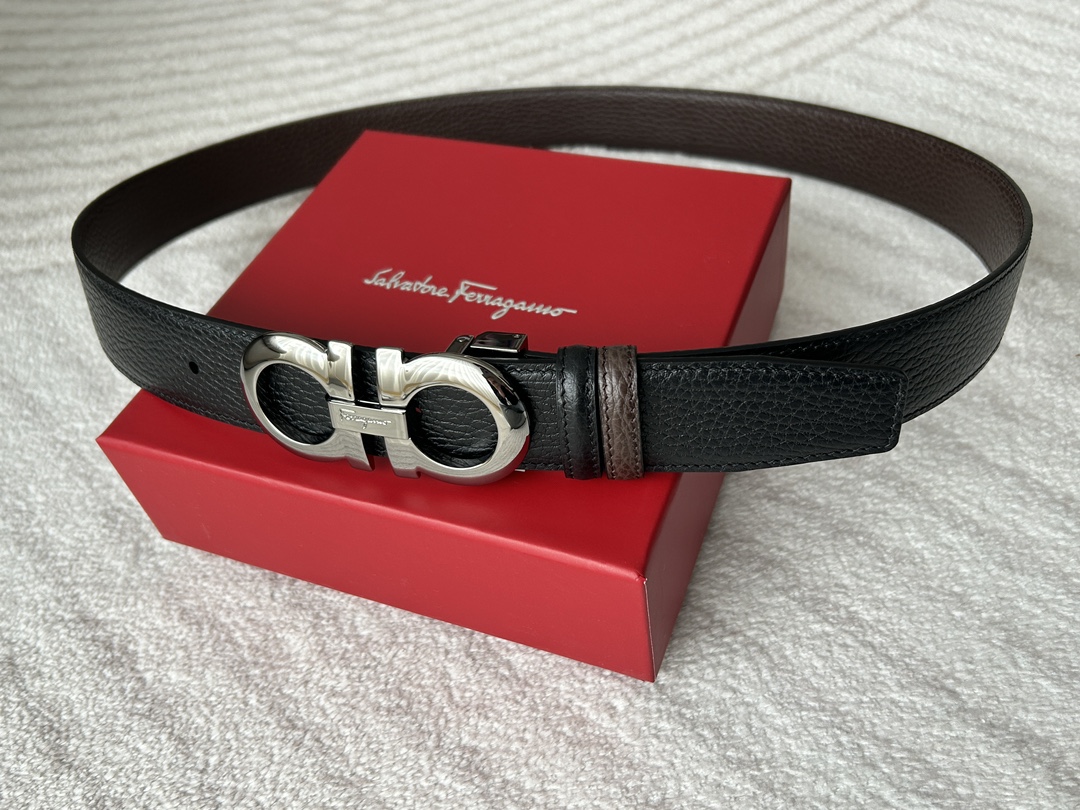 Ferragamo contador con los mismos hombres de doble cara doble patrón de lichi un lado de negro y un lado de curry clásico 8 hebilla de bronce de cañón brillante ancho de 3,4 cm de negocios y de ocio simple y versátil