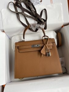 Hermes  Kelly 25cm Epsom皮 金棕 银扣-高仿包包