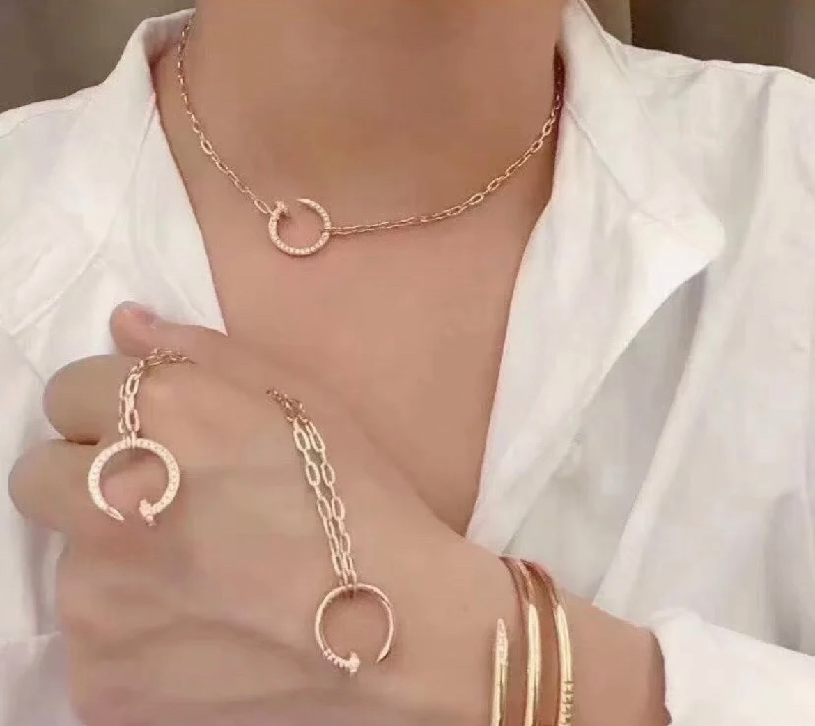 p350V gold plating micronized CNC pair version of your husband (YiYi QianXi) the same Cartier thick chain full of diamonds nail necklace white gold rose gold-High Faux Bags