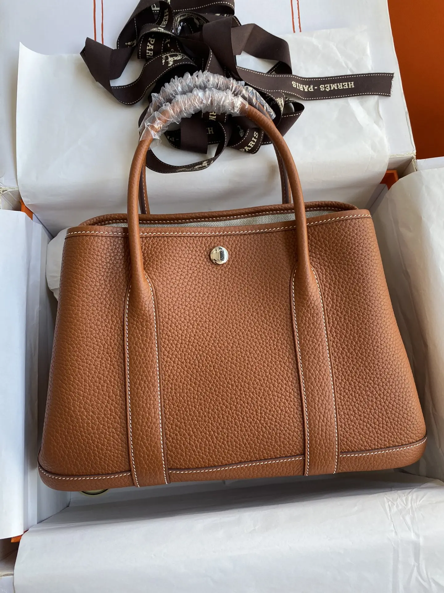 Hermes Garden part (garden bag) 30cm imported TC leather gold brown silver buckle wax line-high imitation bags