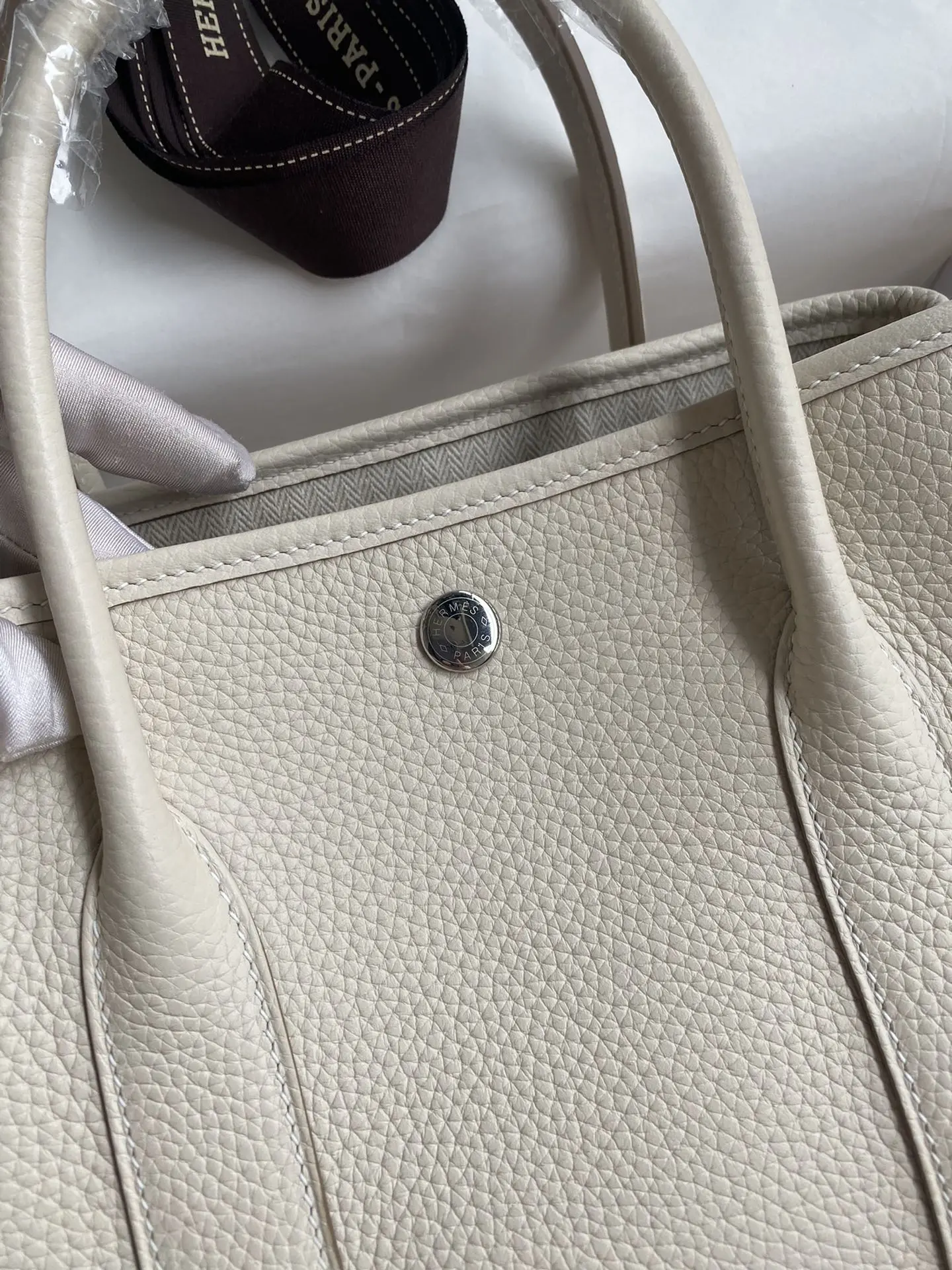 Picture [3]-Hermes Garden part (garden bag) 30cm Imported TC leather Milkshake white Silver buckle wax line-High Faux Bags