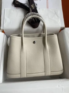 Hermes Garden part (saco de jardim) 30cm importado TC couro milkshake branco prata fivela linha de cera - High Faux Bags