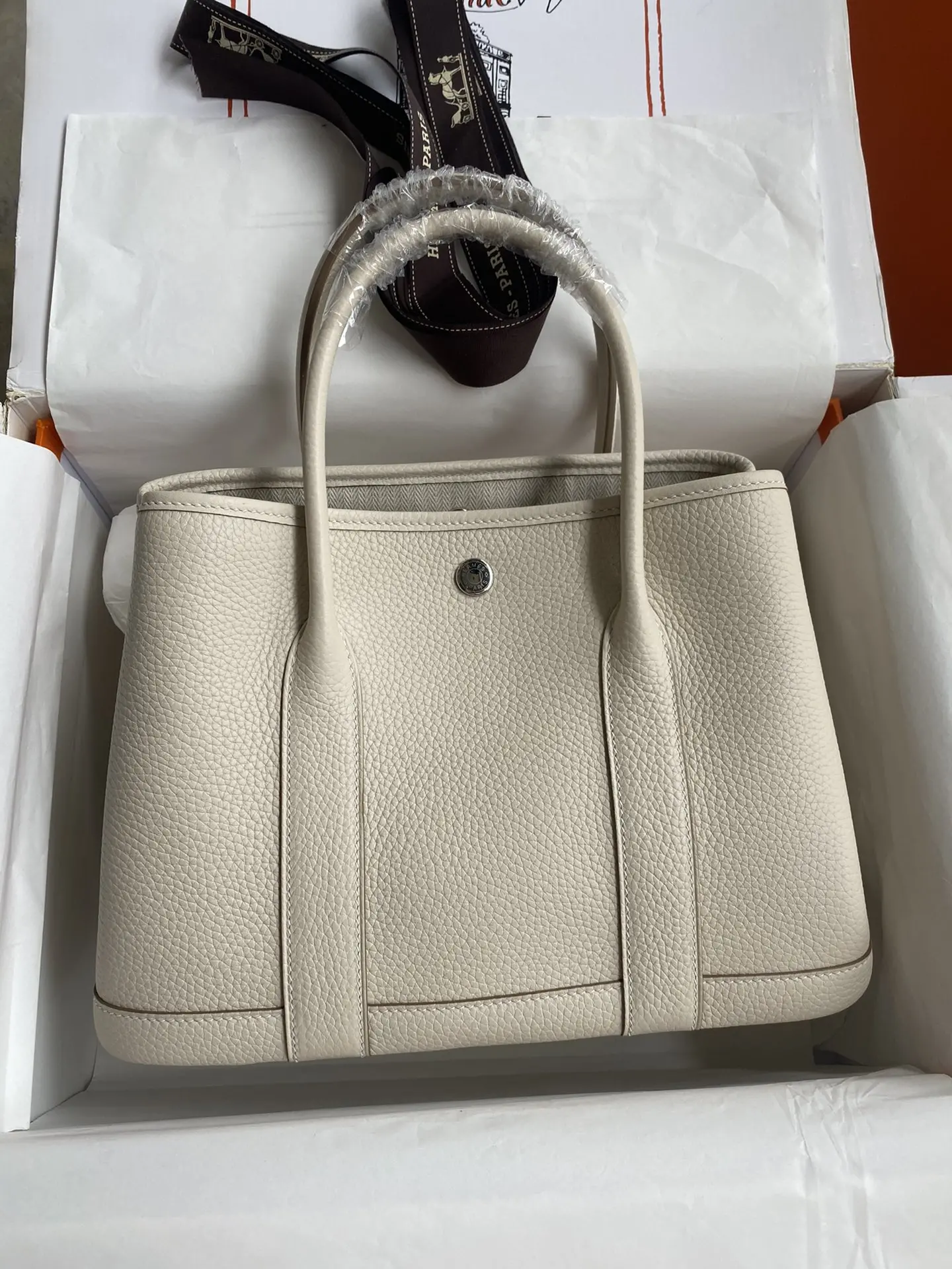 Hermes Garden part (garden bag) 30cm imported TC leather milkshake white silver buckle wax line-high replica bags