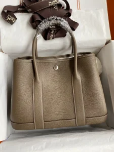 Hermes Garden parte 30cm Importado TC Couro Elefante Cinzento 🐘 Fivela de Prata Encerado Linha-Alta Bolsas Falsas