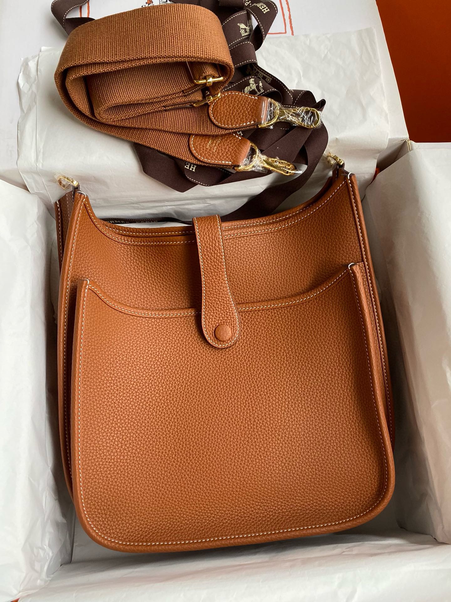 Picture[2]-Hermes Evelyn Evelyn 28cm Imported TC Leather Gold Brown Gold Buckle Waxed Line-High Fake Bags