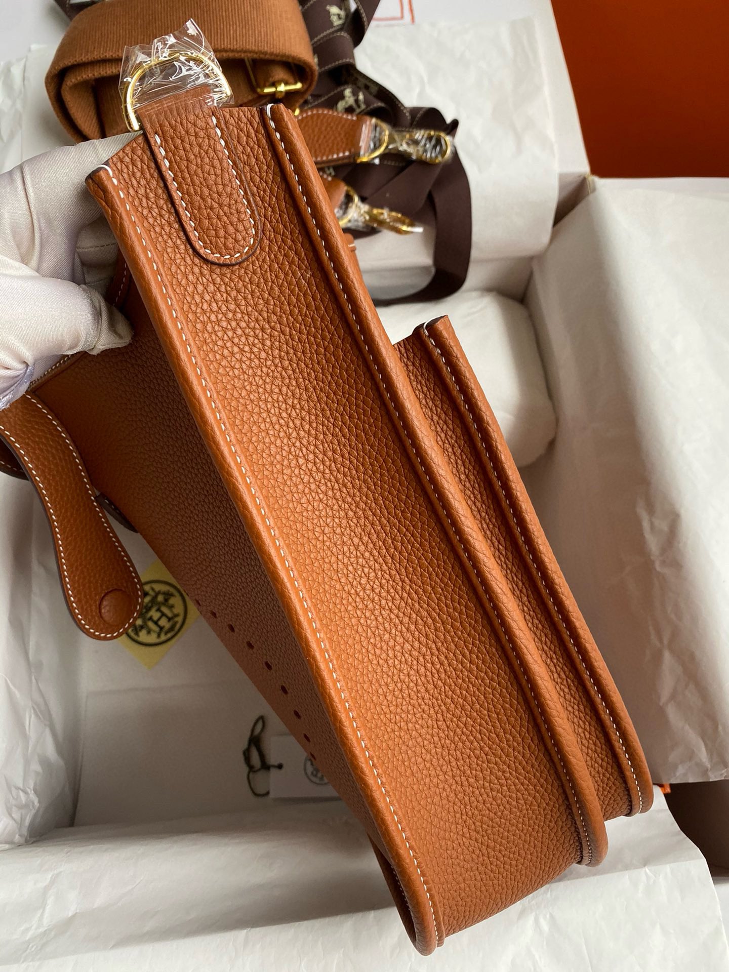 Picture [7]-Hermes Evelyn Evelyn 28cm Imported TC Leather Gold Brown Gold Buckle Waxed Line-High Fake Bags