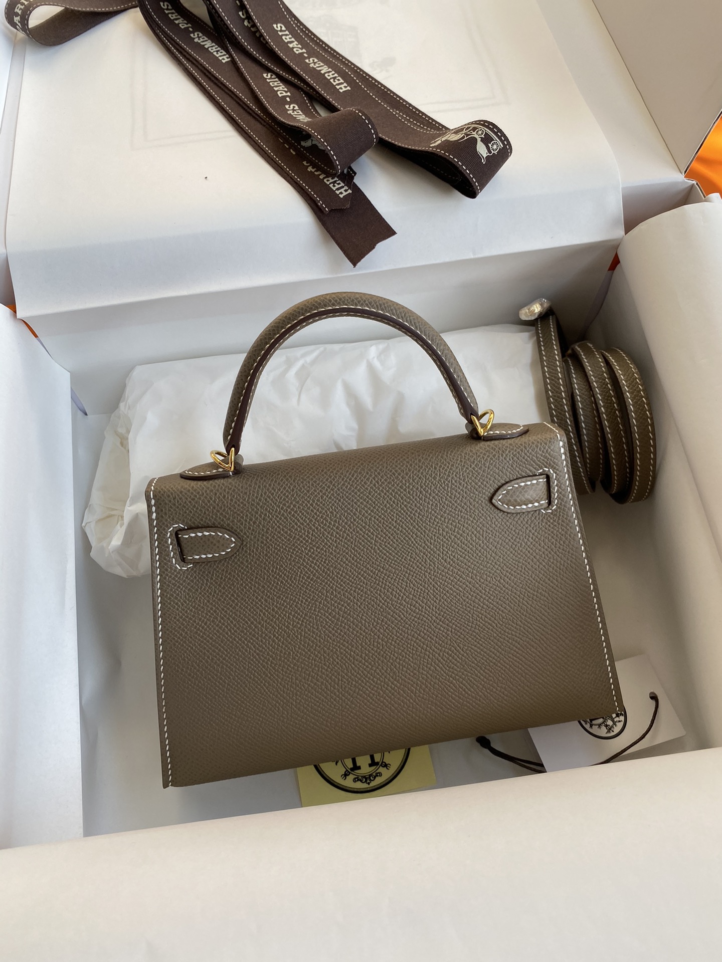 Imagem [2]-Hermes Segunda Geração Mini Kelly 19cm Importado Epsom Couro Elefante Cinzento 🐘 Fivela Dourada-Bolsas Falsas Altas