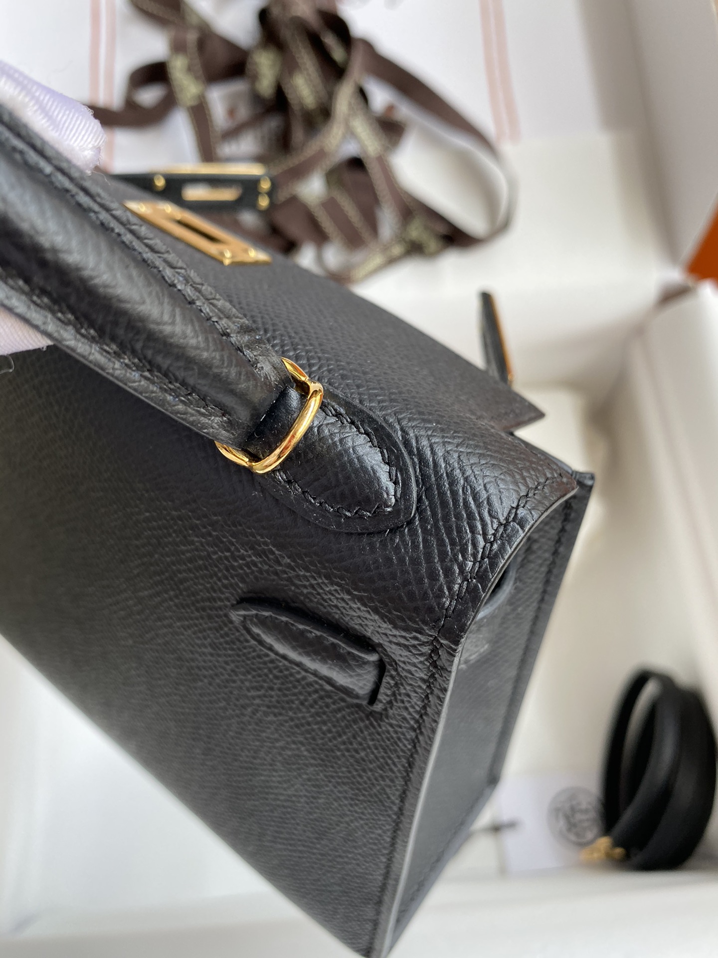 Picture[6]-Hermes Second Generation Mini Kelly 19cm Imported Epsom Leather Black Gold Buckle-High Fake Bags