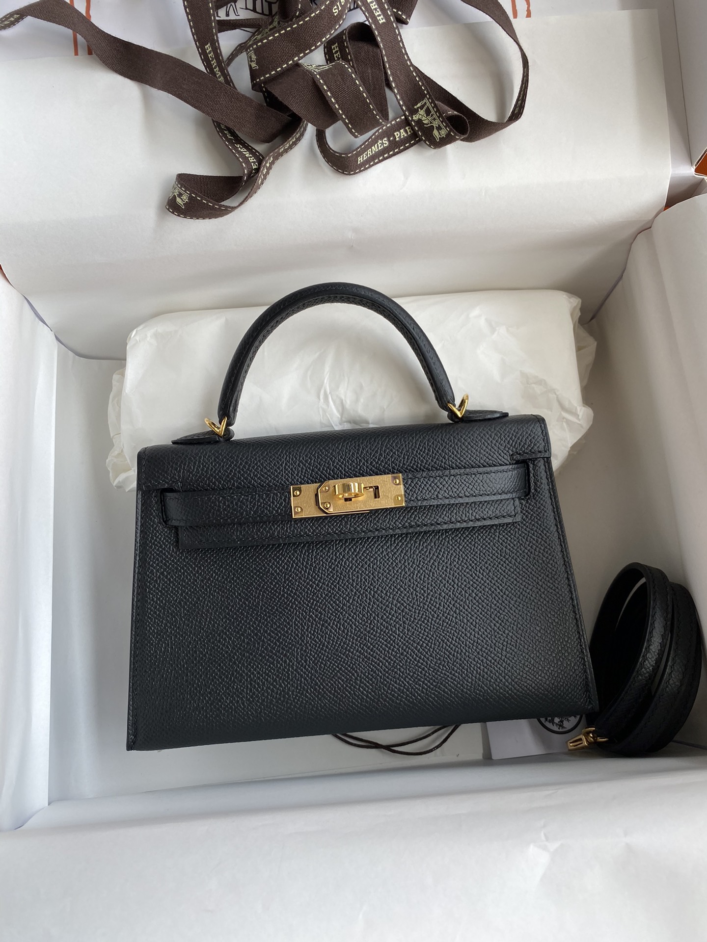 Hermes Second Generation Mini Kelly 19cm Imported Epsom Leather Black Gold Buckle-High Fake Bags