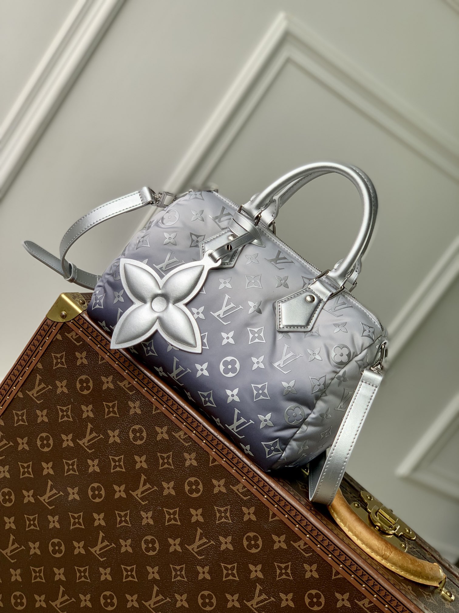 P1900 LV M11848Este bolso Speedy Bandoulière 25 de la colección LV Snow presenta un elegante efecto degradado en el nuevo nailon Monclerogram, complementado con detalles metálicos y floralesForma compacta para guardar fácilmente un teléfono móvil, un clip para el dinero, las llaves y otros artículos de uso diarioCorrea para el hombro desmontable y ajustable para llevarla de forma versátil19 x 15 x 25 cm (alto x ancho x largo)-Bolso de alta costura