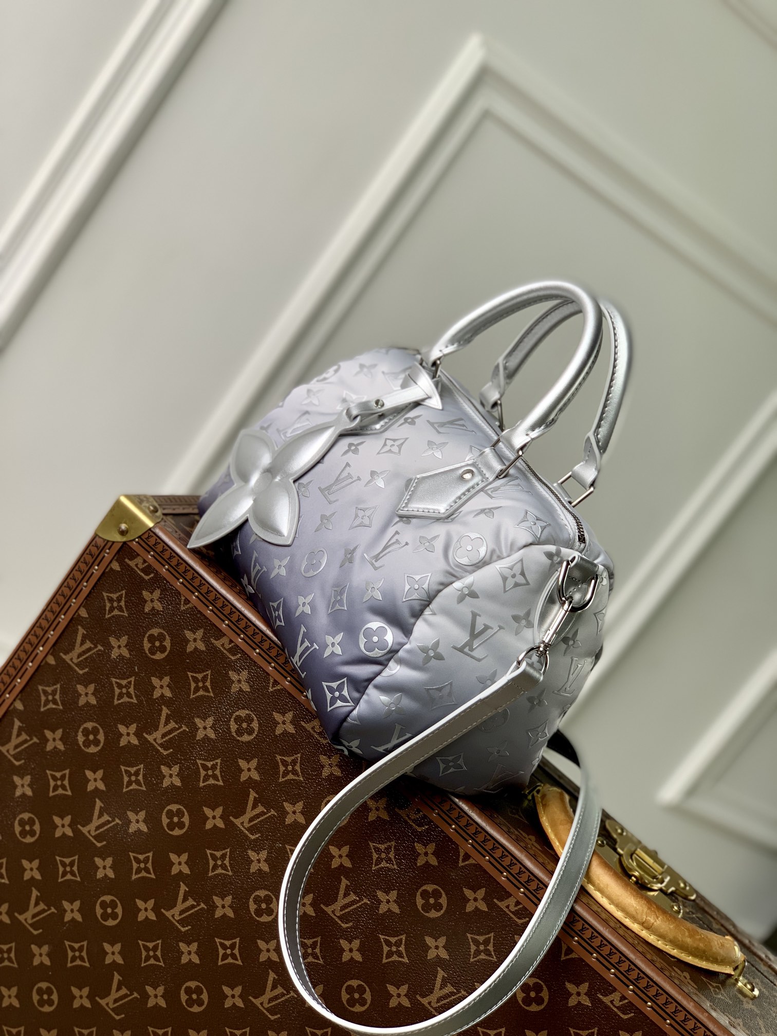 P1900 LV M11848This Speedy Bandoulière 25 bag from the LV Snow collection features a chic gradient effect in new Monclerogram nylon and is completed by metallic and floral accents. The compact shape easily accommodates a cell phone, money clip, keys and more. Detachable and adjustable shoulder strap allows for a variety of carrying options.19 x 15 x 25 cm(H x W x L)