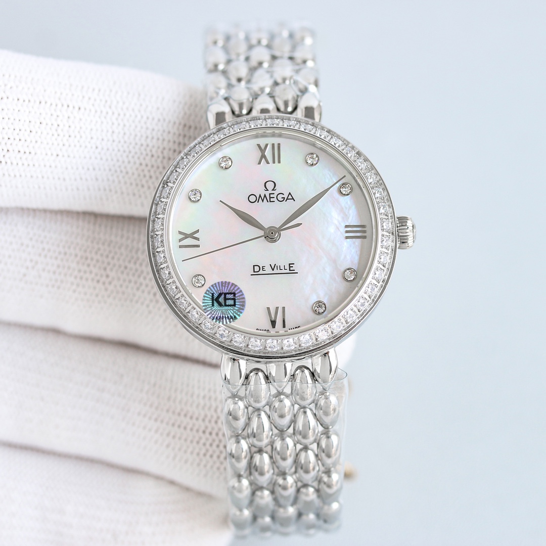 p2600 OMEGA OSCE ELEGANTE DIAMANTE DE PRATA RELÓGIO DE MULHERES COM MECANISMO IMPORTADO 8521/8520 32,7 mm Superfície em concha de pérola natural Vidro de safira 30 m resistente à água Sem paralelo Vai adorar!