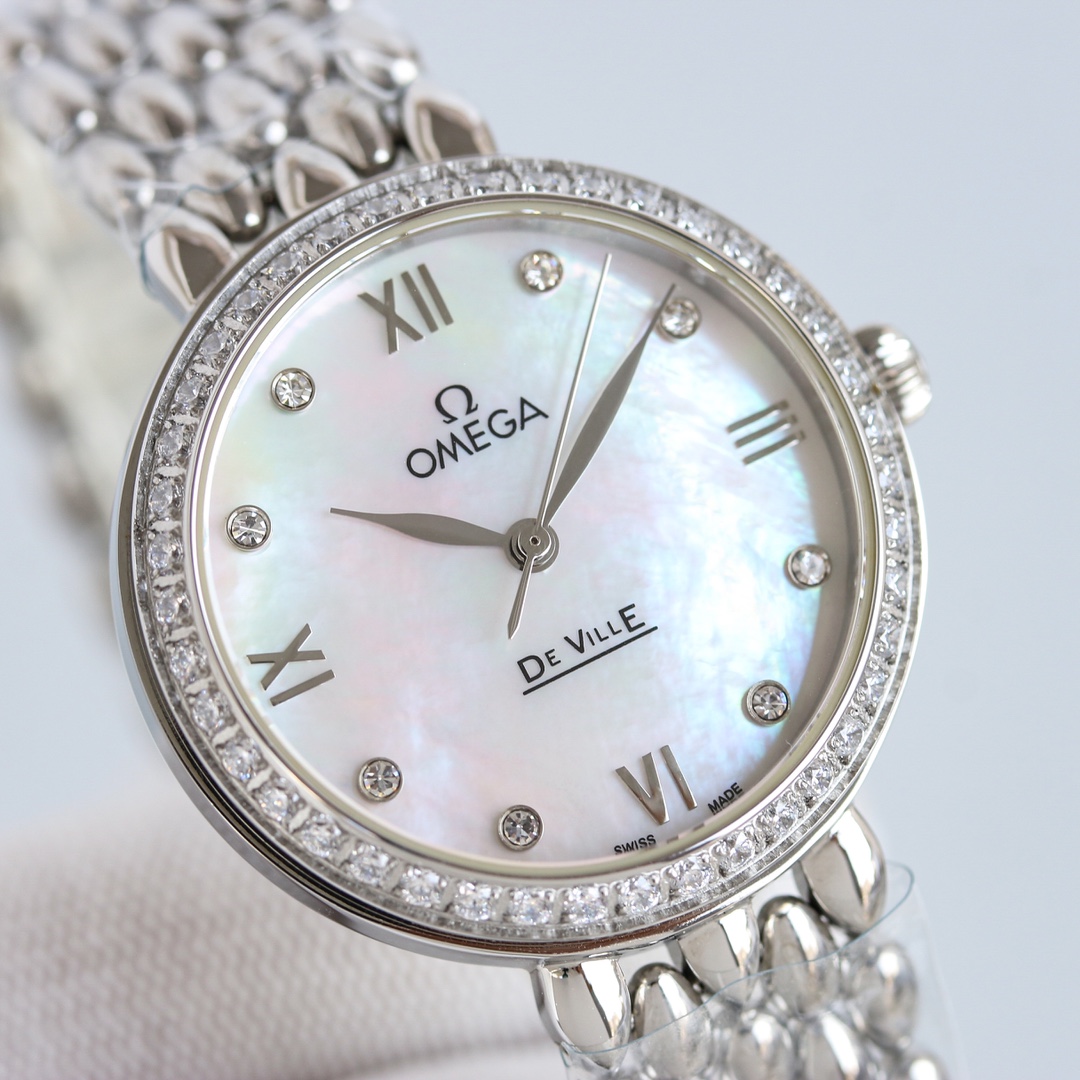 p2600 RELOJ OMEGA OSCE ELEGANTE DE PLATA CON DIAMANTE PARA MUJER CON MECANISMO DE IMPORTACIÓN 8521/8520 32,7mm Superficie de concha de perla natural Cristal de zafiro 30m Resistente al agua Inigualable ¡Le encantará!