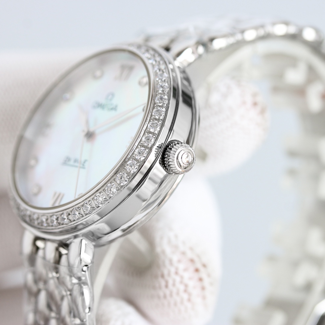 p2600 RELOJ OMEGA OSCE ELEGANTE DE PLATA CON DIAMANTE PARA MUJER CON MECANISMO DE IMPORTACIÓN 8521/8520 32,7mm Superficie de concha de perla natural Cristal de zafiro 30m Resistente al agua Inigualable ¡Le encantará!