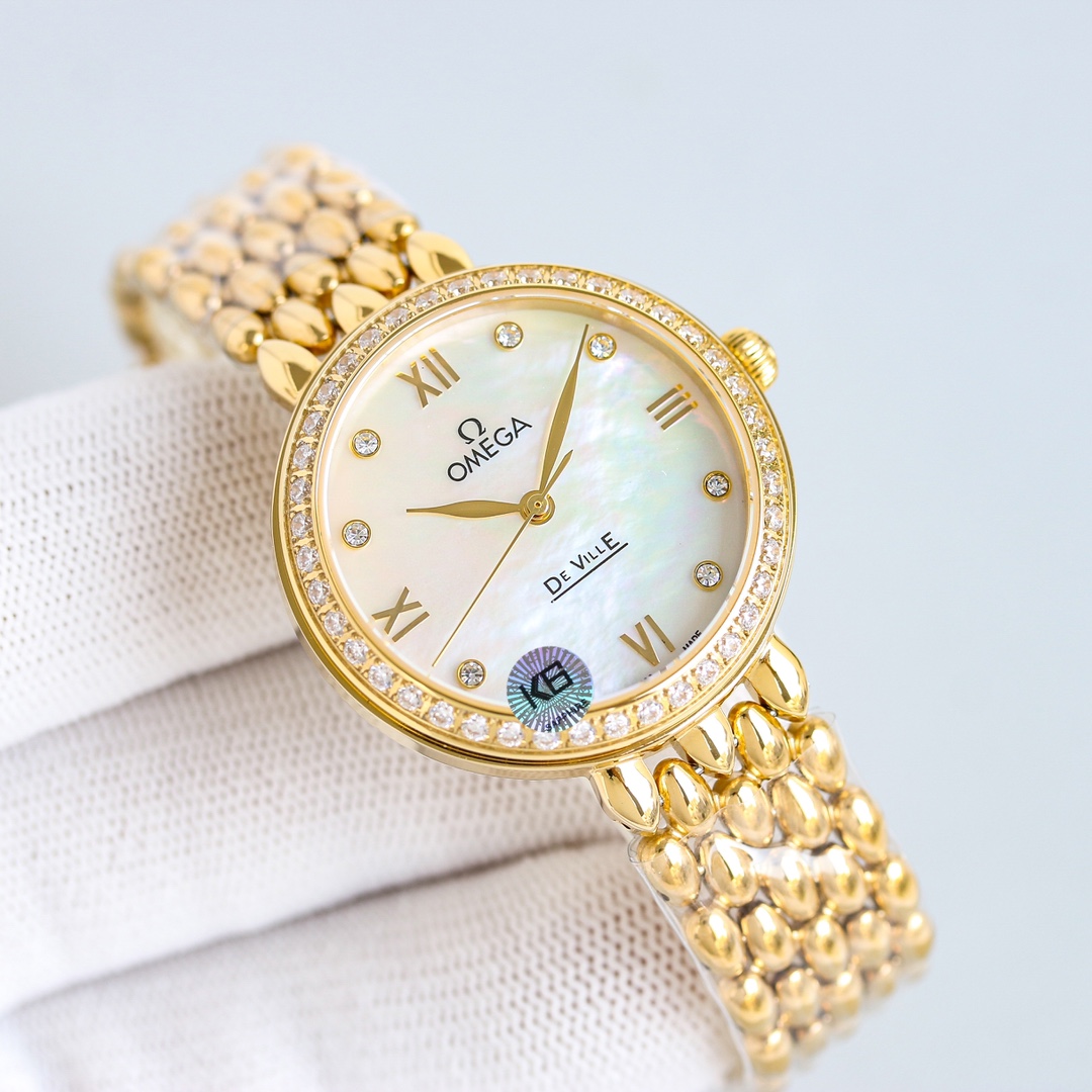 p2700 OMEGA OSCE ELEGANT GOLDEN DIAMOND WOMAN'S WATCH WITH IMPORTED MECHANISM 8521/8520 32.7mm NATURAL PEARL SHELL FACE SAPPHIRE GLASS 30M WATER RESISTANCE Unparalleled... you will absolutely love it!