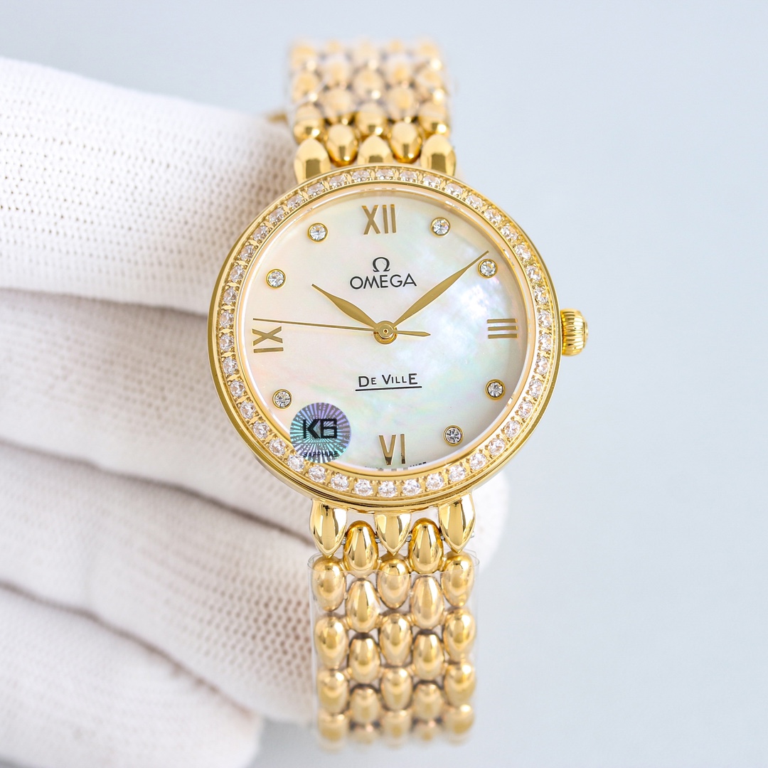 p2700 OMEGA OSCE ELEGANT GOLDEN DIAMOND WOMAN'S WATCH WITH IMPORTED MECHANISM 8521/8520 32.7mm NATURAL PEARL SHELL FACE SAPPHIRE GLASS 30M WATER RESISTANCE Unparalleled... you will absolutely love it!