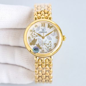 p2700 OMEGA OSCE ELEGANT GOLDEN BUTTERFLY DIAMOND WOMAN'S WATCH WITH IMPORTED MECHANISM 8521/8520 32.7mm NATURAL PEARL SHELL FACE SAPPHIRE GLASS 30 METERS WATER RESISTANCE Unparalleled... you will absolutely love this watch!