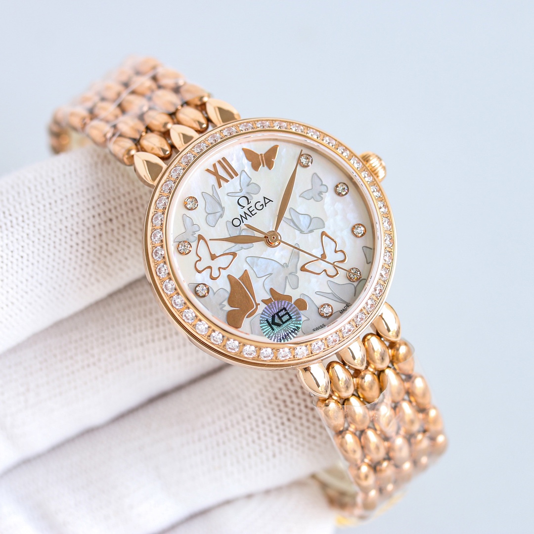 p2700 OMEGA OSCE ELEGANT GOLDEN BUTTERFLY WOMAN'S WATCH with imported 8521/8520 Mechanical 32.7mm natural pearl shell face Sapphire glass 30 metres water resistant Unparalleled... you'll love it !