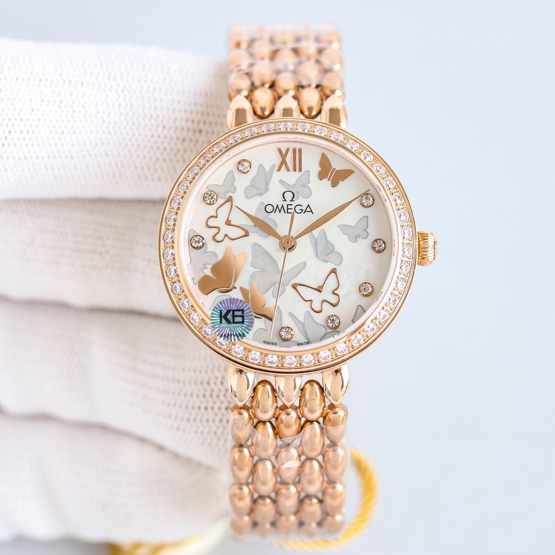 p2700 OMEGA OSCE ELEGANT GOLDEN BUTTERFLY WOMAN'S WATCH with imported 8521/8520 Mechanical 32.7mm natural pearl shell face Sapphire glass 30 metres water resistant Unparalleled... you'll love it !