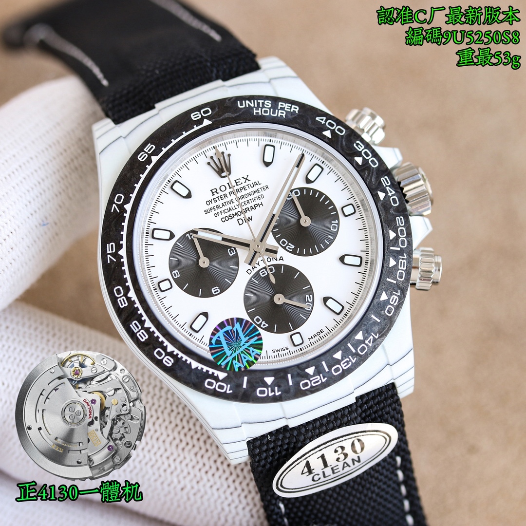 nettoyer le produit doit être fine (mis à jour personnalisé ultra-légère fibre de carbone boîtier d'une seule pièce et boucle d'une seule pièce faire la montre ⌚️ montre plus facile et plus rapide à porter sensation confortable plein de 👍).ROLEX Cosmic Chronograph Ditonner série de fibre de carbone boîtier en une seule pièce montres personnalisées sont non seulement léger à porter et résistant à l'extérieur, mais aussi chaque montre a un matériau de motif de fibre de carbone unique !Boîtier montre taille 40X12,4 s'adapter original C usine force moulage fibre de carbone Rolex style unique marché exclusivement faire l'ensemble du boîtier couvercle lunette bouche y compris le couvercle arrière sont faites de fibre de carbone haute composite et super luminescent poudre pour créer les détails sont chanfreinés et polis à la main pour rendre la texture extraordinaire.La boucle du bracelet est en fibre artificielle tressée, respirante et confortable.Le mouvement est fabriqué à partir d'un mouvement de machine intégré 4130, qui réalise parfaitement les fonctions puissantes et est le roi de la rentabilité ! Reconnaissance des montres de qualité de l'usine C ⌚️ code 9U5250S8 poids de seulement 52 grammes de la dernière étiquette de couverture arrière ont des photos de l'assurance de la qualité de la vérité de la version la plus forte !