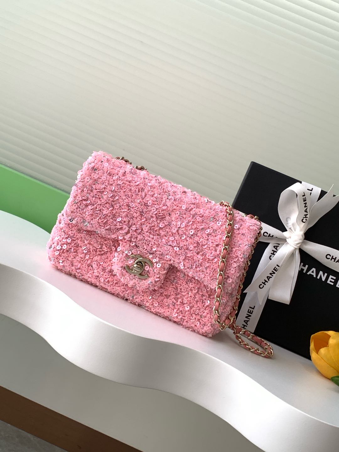 Chanel 24k modelos especiales lentejuelas Departamento Cf plata rosa otoño e invierno dulce en línea tamaño 20cm-Bolsos de alta costura