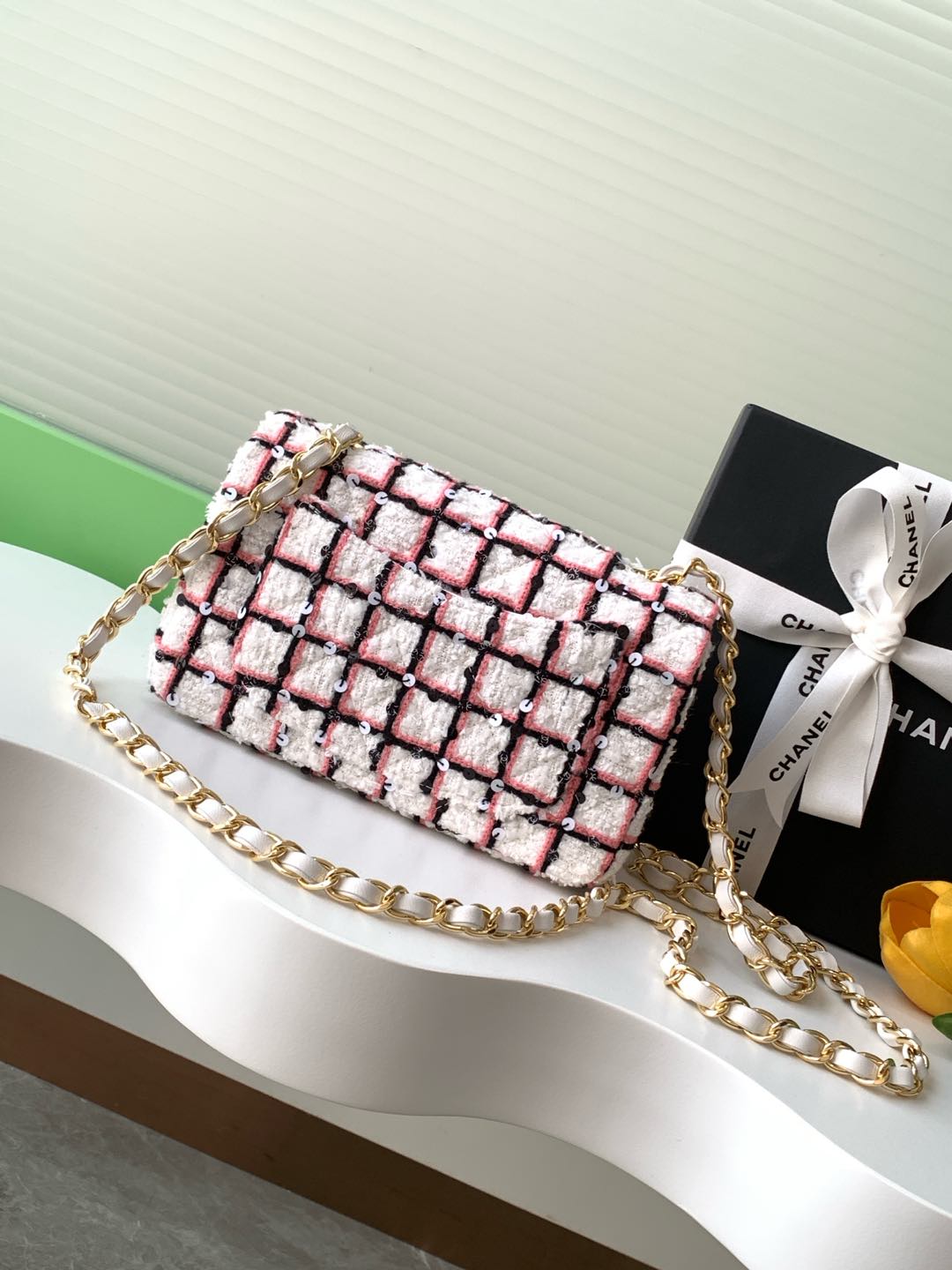 Image[3]-Chanel 25c ! Sweet Colours Pink and White Grid Large mini cf Size 20cm-High Fake Bags