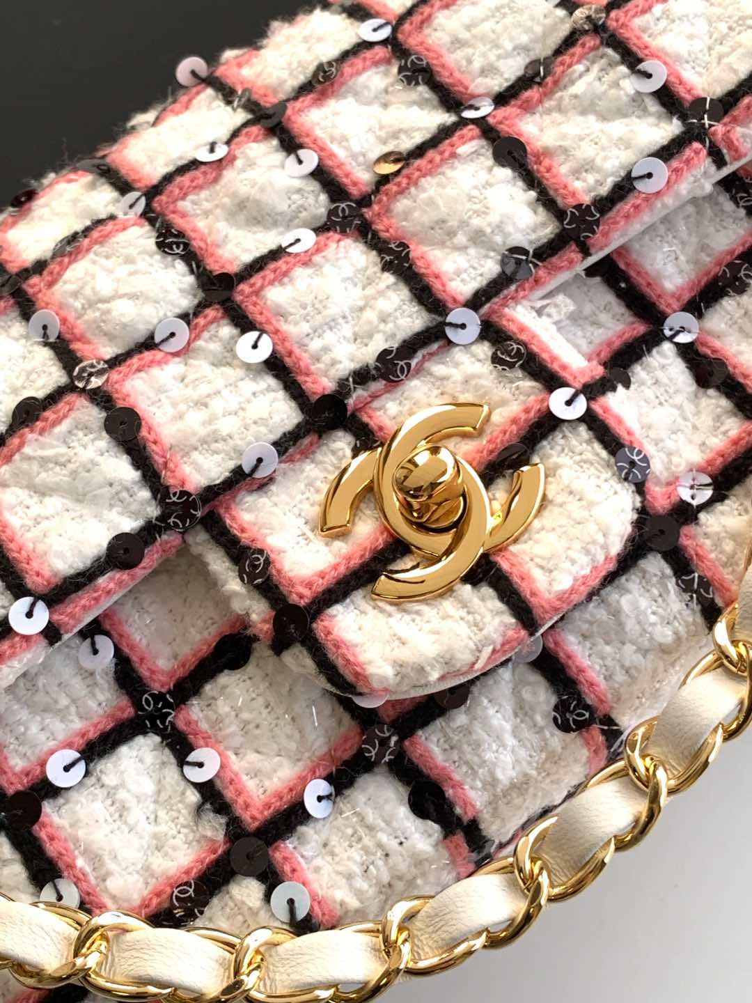 ¡Foto[5]-Chanel 25c ! Dulces colores rosa y blanco rejilla grande mini cf tamaño 20cm-alta falsos bolsos