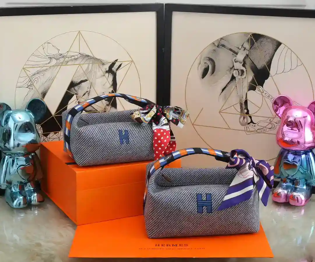 Hermes Lunchbox Bag Wool Plaid Blue Trousse Bride-A-BraceLarge:25*21*14Small:21*17*12-High Fake Bags