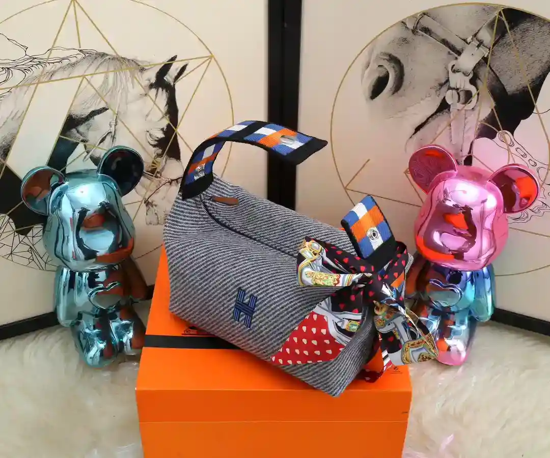 Imagen [7]-Hermes Lunchbox Bag Lana Plaid Azul Trousse Bride-A-BraceLarge: 25*21*14Small: 21*17*12-High Fake Bags