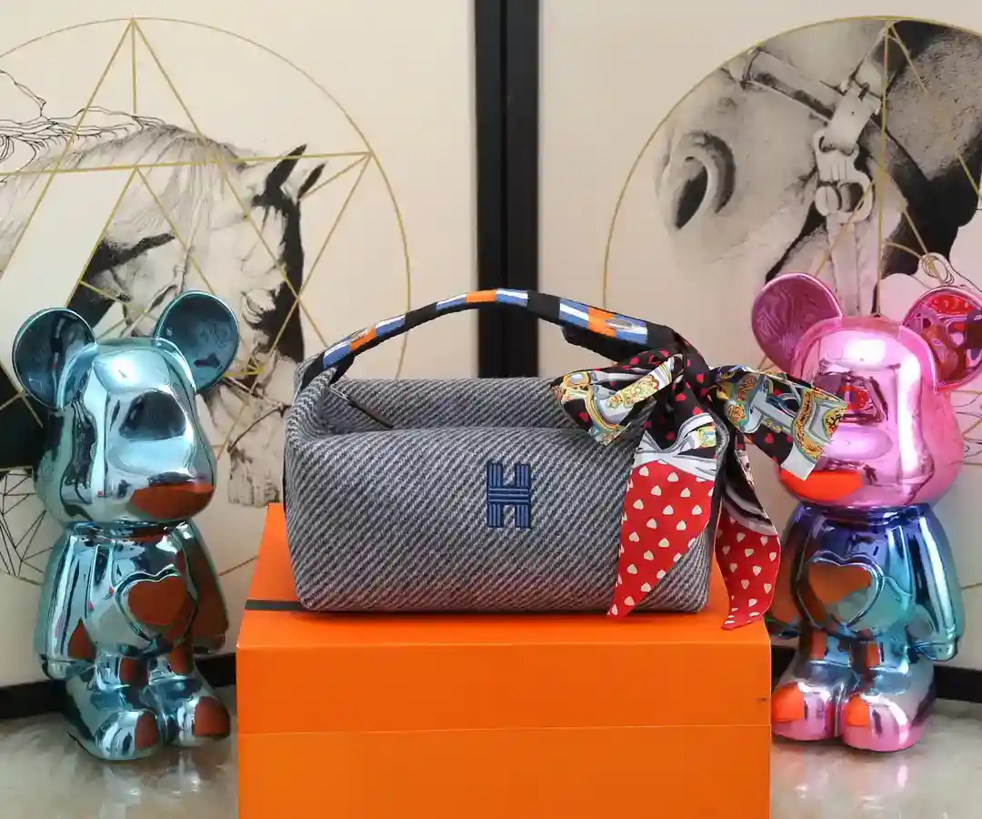 Picture [2]-Hermes Lunchbox Bag Lana Plaid Azul Trousse Bride-A-BraceLarge: 25*21*14Small: 21*17*12-High Fake Bags