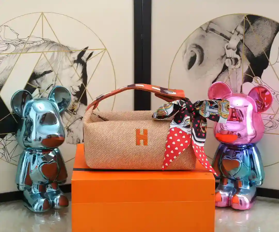 Imagen [2]-Hermes Lunchbox Bag Lana Plaid Naranja Trousse Bride-A-BraceLarge: 25*21*14Small: 21*17*12-High Fake Bags