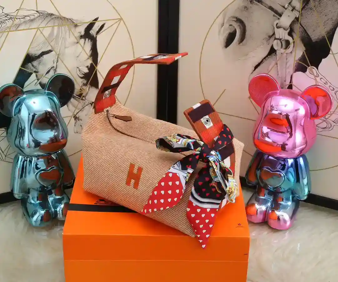 Imagen [5]-Hermes Lunchbox Bag Lana Plaid Naranja Trousse Bride-A-BraceLarge: 25*21*14Small: 21*17*12-High Fake Bags