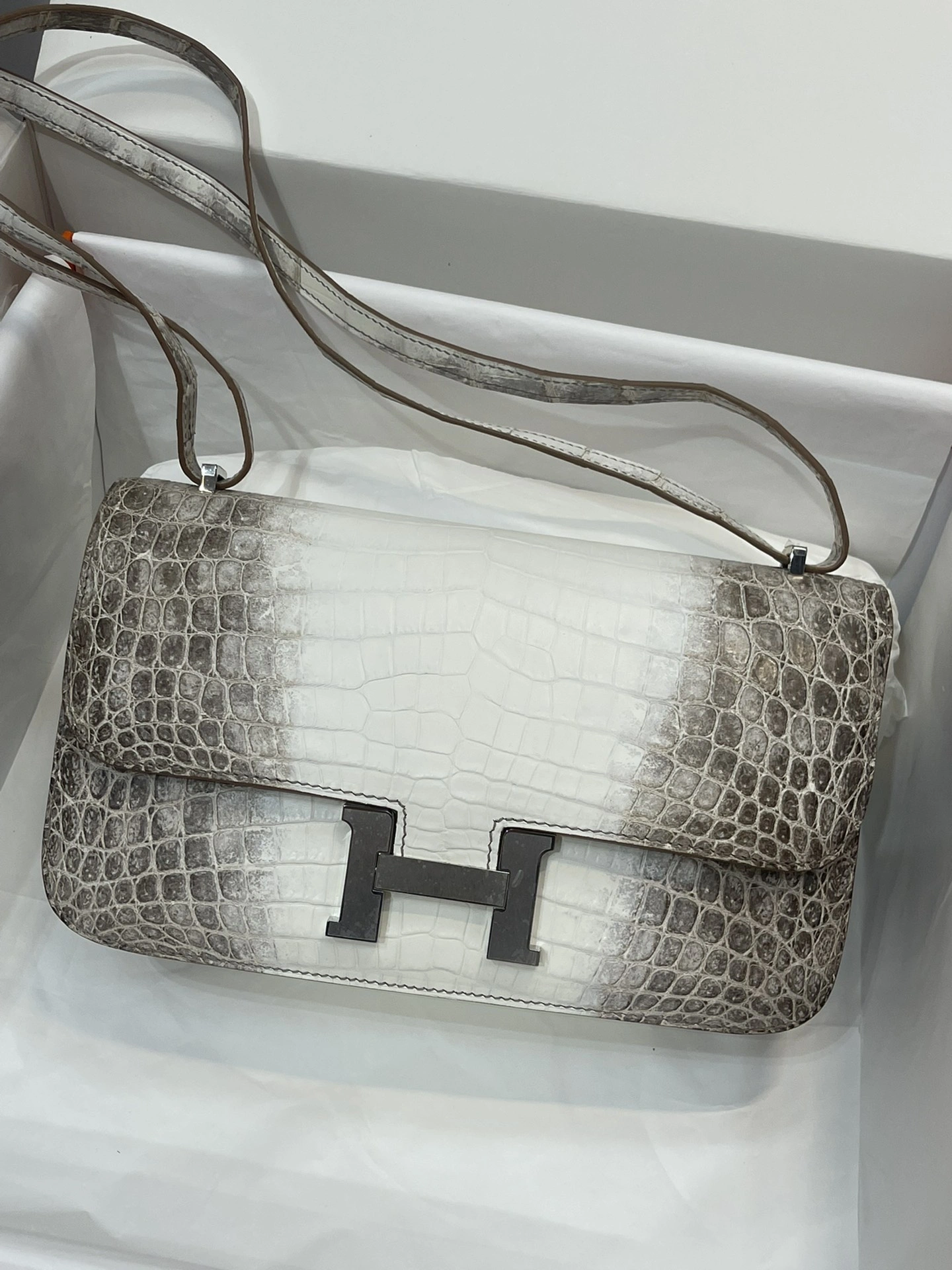 Hermes Kang Kang 26CM blanco Himalaya Singapur importados cocodrilo del Nilo hilo encerado cosido a mano Fotografía real ~ - réplica de bolsos de alta calidad