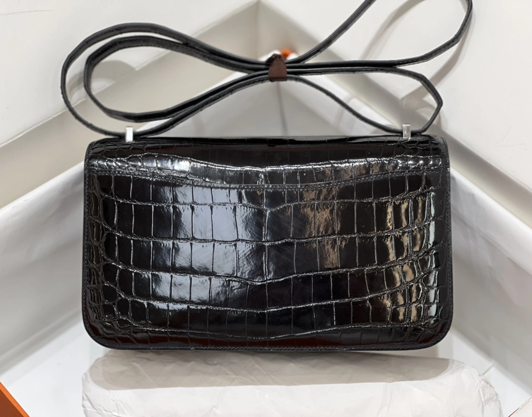 Foto [3]-Hermes Kang Kang 26CM. hebilla de plata negro Singapur importados de alto brillo cocodrilo Nilo hilo encerado cosido a mano Fotografía real ~ - bolsas de alta imitación