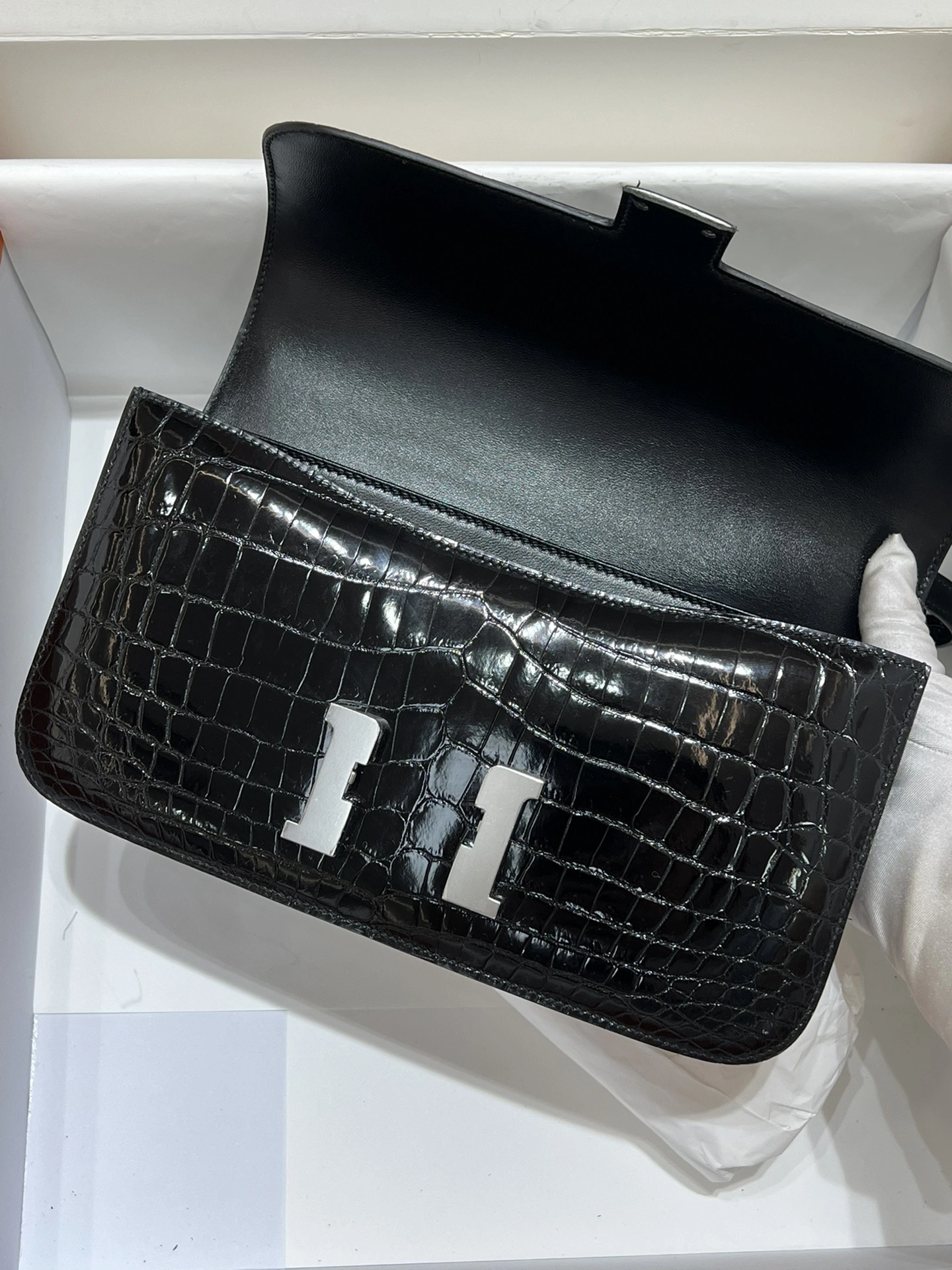 Foto [5]-Hermes Kang Kang 26CM. negro hebilla de plata Singapur importados de alto brillo cocodrilo Nilo hilo encerado cosido a mano Fotografía real ~ - bolsas de alta imitación