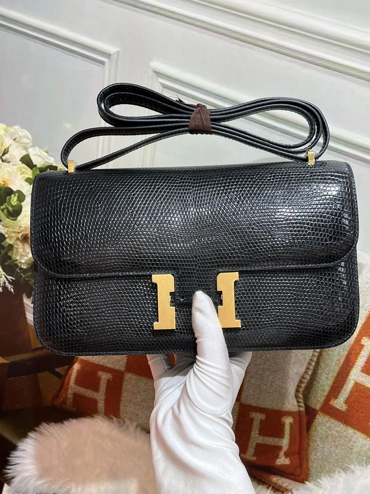 Hermes black gold buckle Kang Kang 26CM.hcp imported original lizard skin waxed thread hand-stitched Actual photography ~ - high quality replica bags