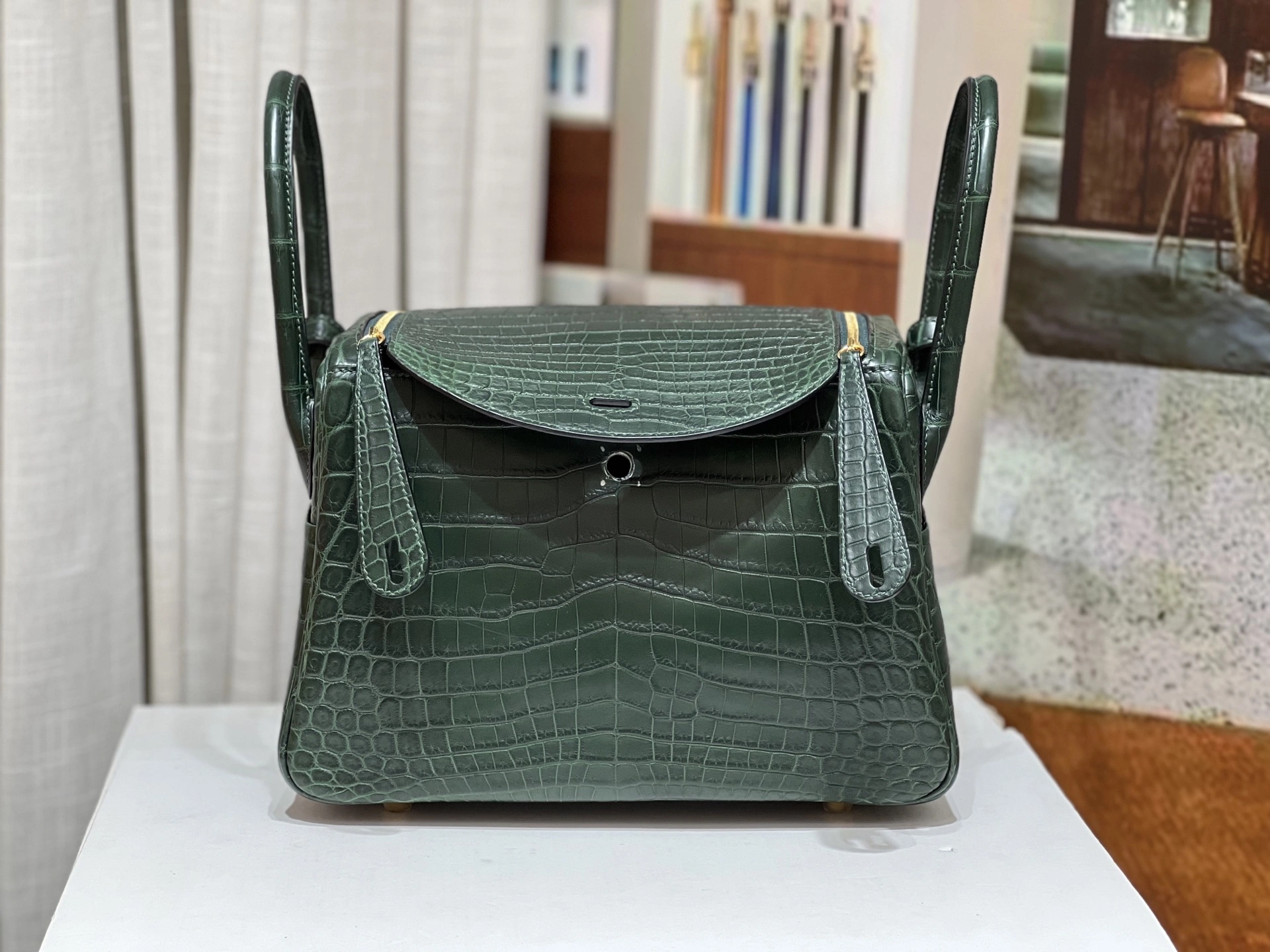 Hermes Lindy 26CM.Green Gold Buckle Hcp Imported Nile Crocodile 3 Leather Pairs Waxed Thread Hand Sewn! Pure steel hardware! Full set of handmade nails-High Faux Bags